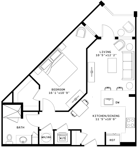 Floor plan for 1 bed, 1 bath, 641 sqft